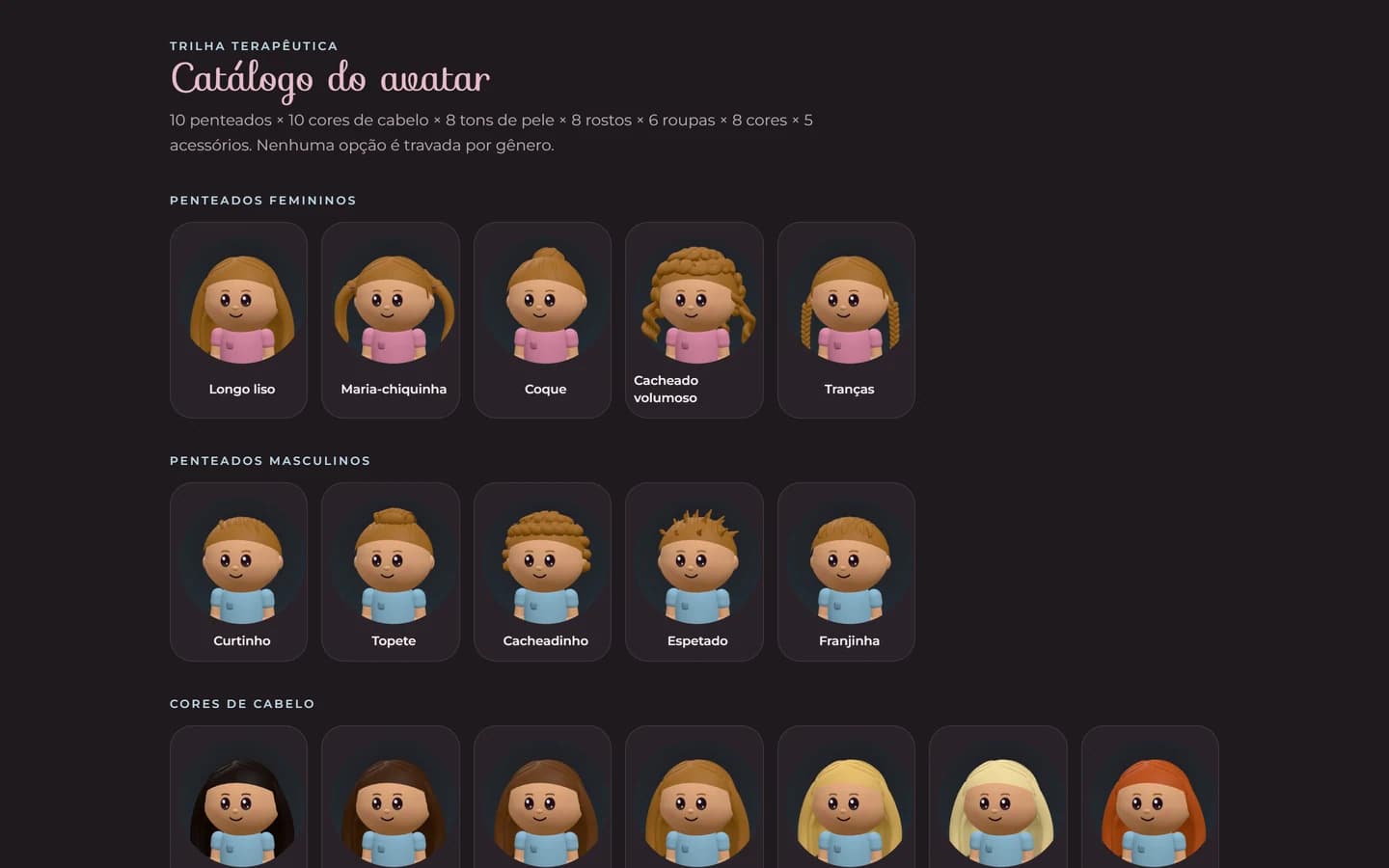 Design system e catálogo de avatares com suporte a ampla diversidade e combinações não estereotipadas.