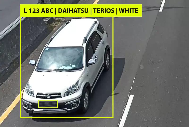 Carro branco em uma via com caixas amarelas delimitando o veículo e a placa, acompanhado de um rótulo de identificação.